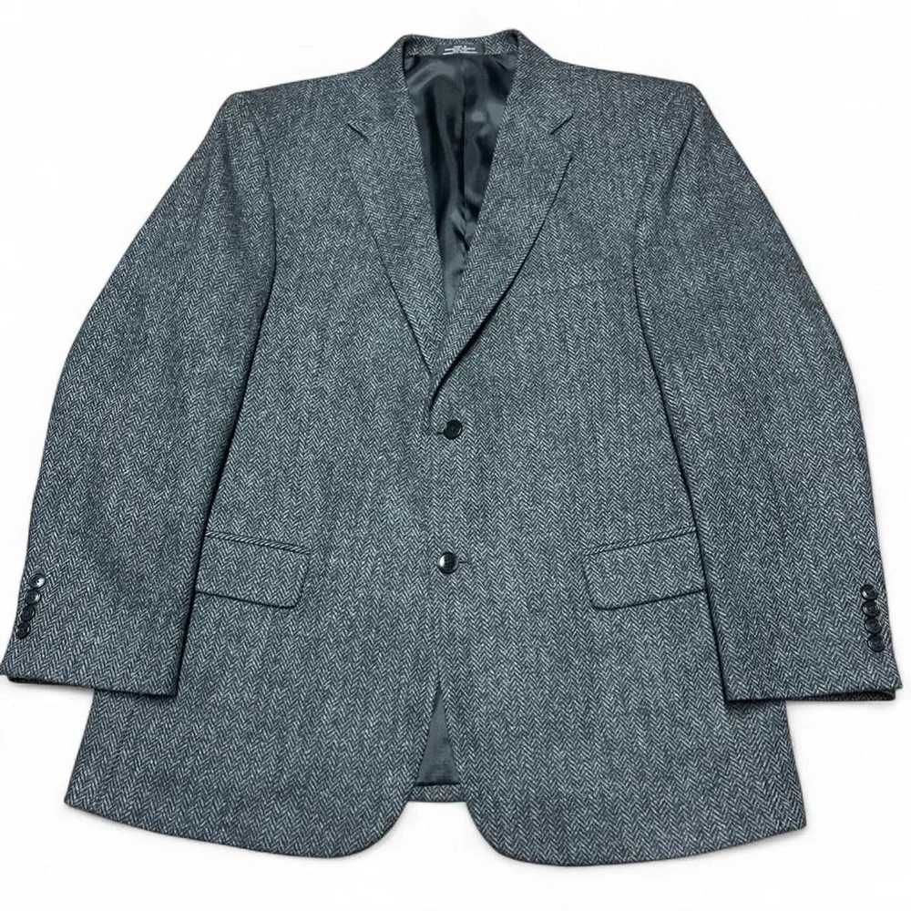 Vintage Barrington Mens 42R Gray Black Tweed Herringbone Flecked Wool Sport Coat